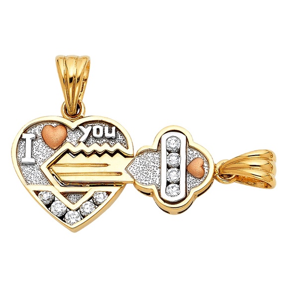 14K Tri Color CZ Heart & Key Pendant Set